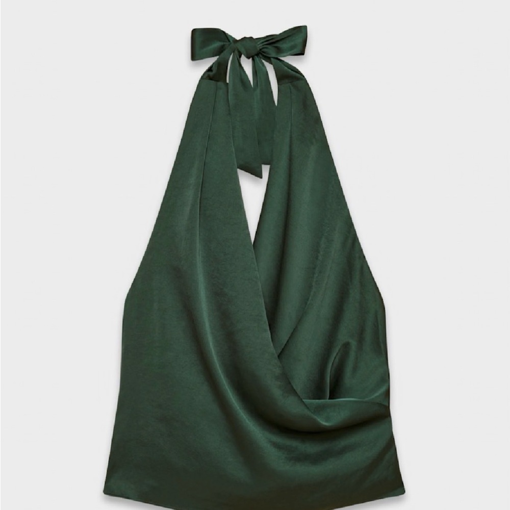 Aritzia Martini top- Dark Forest Green Satin Halter Tie-Back Top